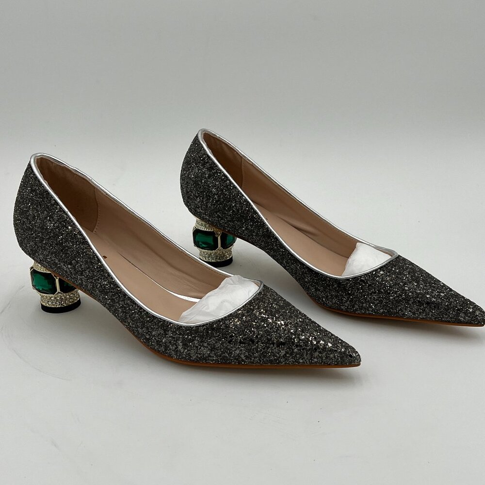 FSJ Black Bridal Pointed Toe Low Heels Crystal Pumps Comfort Wedding Shoes